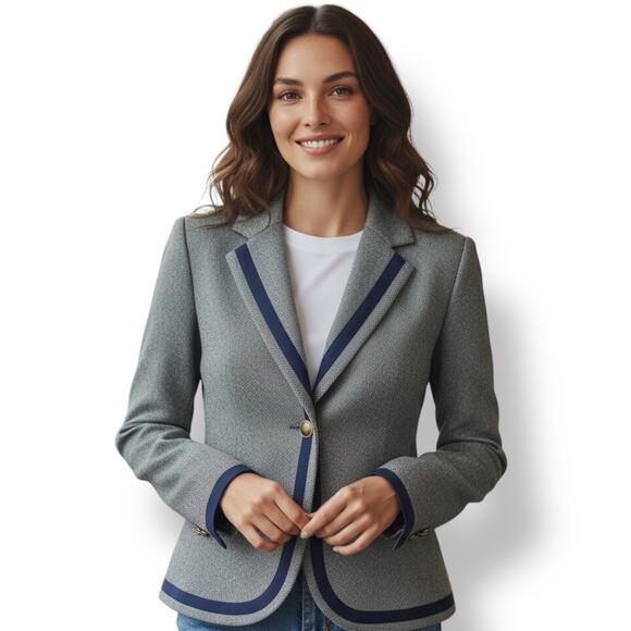 Ann Taylor LOFT Wool Blend Blazer Gray Blue Velvet Trim Crest Buttons Career Sz4 - Picture 1 of 13